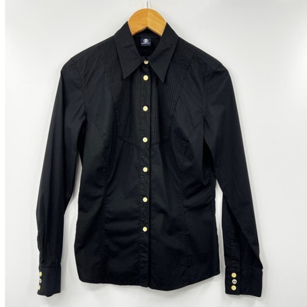 Bogner Jeans Womens Black Pintuck Button Up Long Sleeve Shirt‎ Size 36